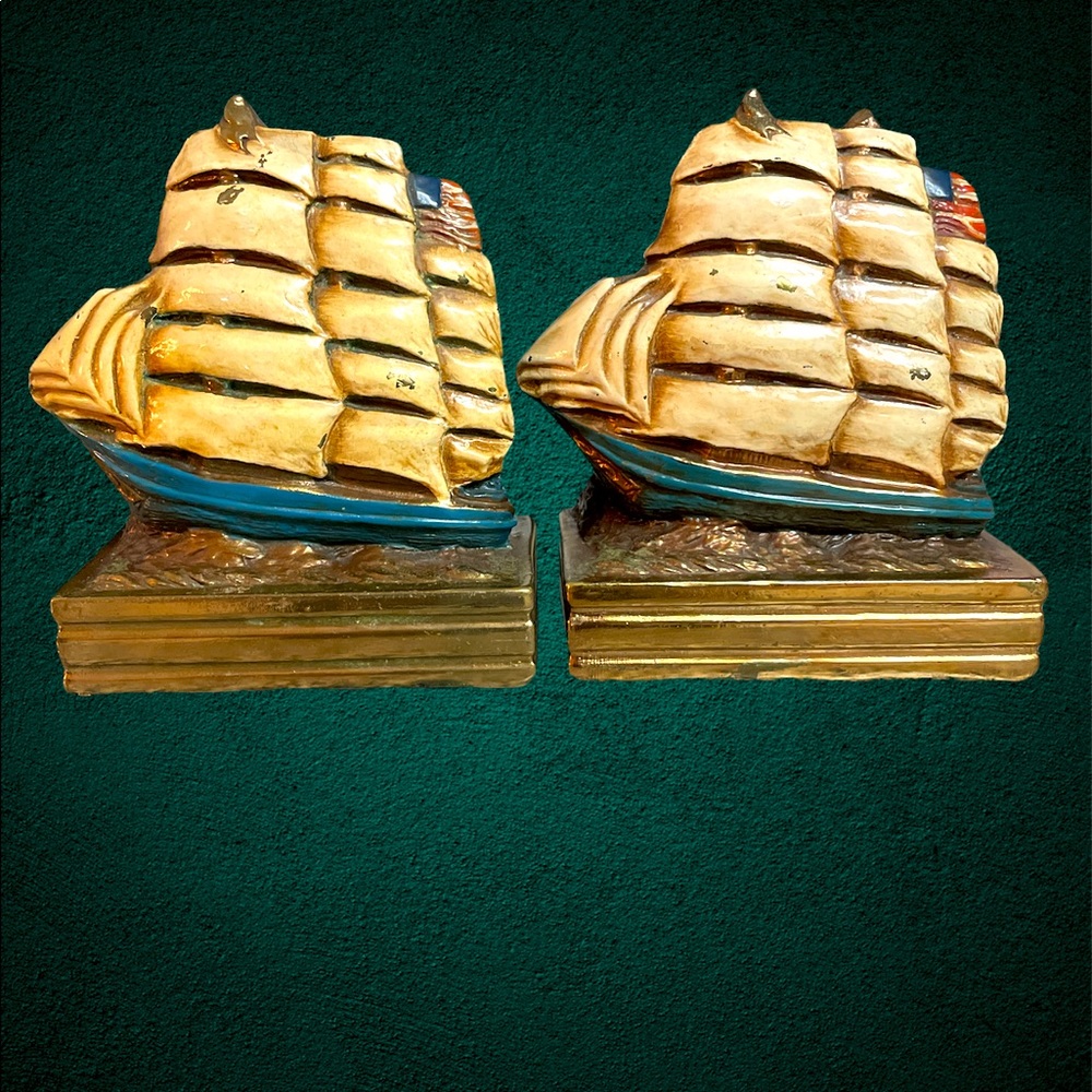 RARE ANTIQUE MARION BRONZE POLYCHROME CLIPPER SHIP BOOKENDS~SIGNED MB